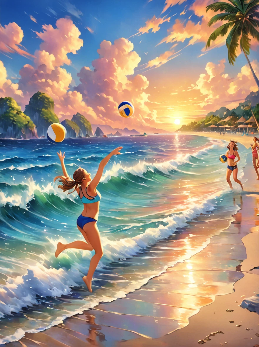 A group of energetic young people playing beach volleyball，on the beach，ocean，islands，Sunset，Prime Time，Nostalgia，memory，Sportswear，hapiness，Smile，(Oil painting style，charming，Vivid colors), (Best quality，8K，high resolution，masterpiece)，Ultra-detailed