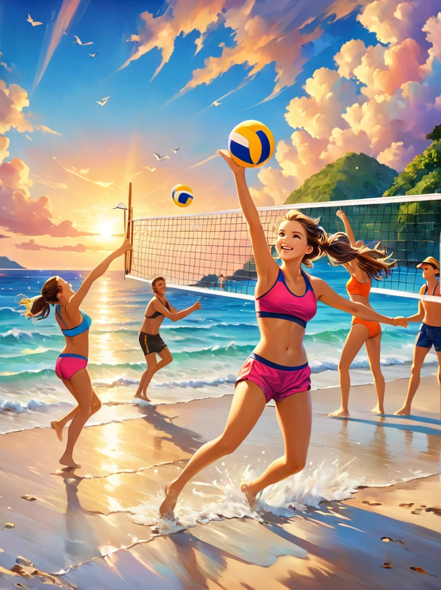 A group of energetic young people playing beach volleyball，on the beach，ocean，islands，Sunset，Prime Time，Nostalgia，memory，Sportswear，hapiness，Smile，(Oil painting style，charming，Vivid colors), (Best quality，8K，high resolution，masterpiece)，Ultra-detailed