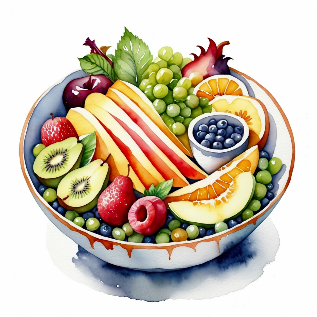 a very clean image painting of a classy pottery bowl of many delicious creamy fruits salad ((watercolor)), solid white background, center composition, negative space around the object, washed out color, detailed masterpiece, loose drawing, clipart, vector art, illustration