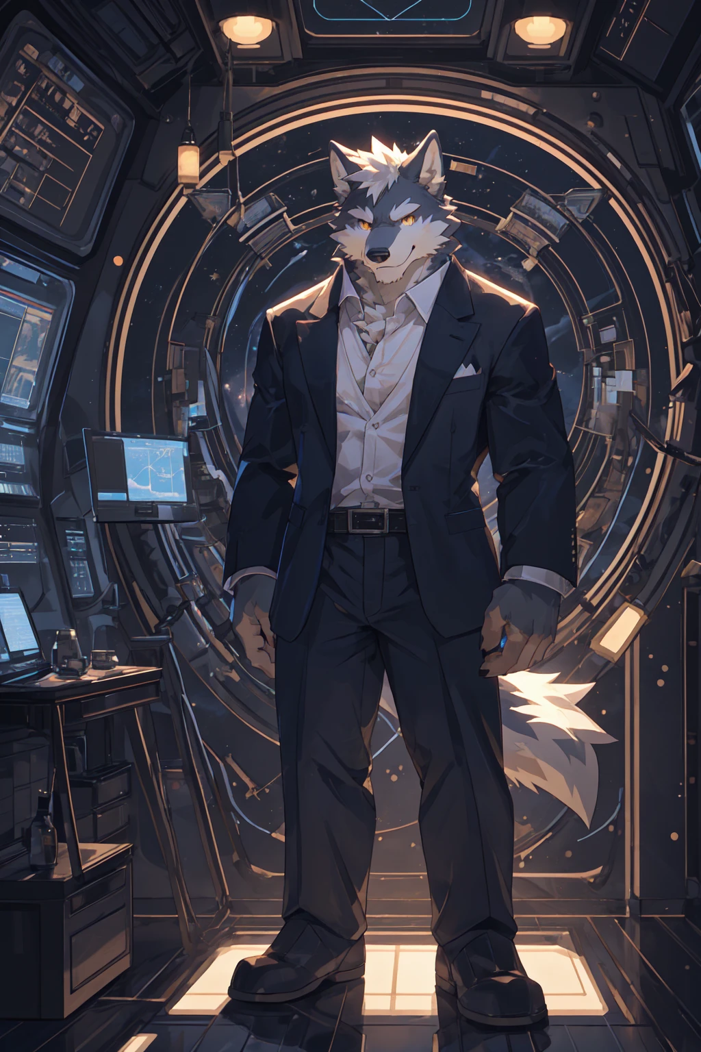 Best quality, Professional, Vivid Colors, Cinematic light, wolf, Muscular male, kemono, by zixiong, Solo, grey Fur, white body, golden eyes, pectorals, (detailed face, detailed eyes:1.5), looking at viewer, smart casual, Western suit, besides space observation deck, smirking, seductive smile, (full body:1.5),