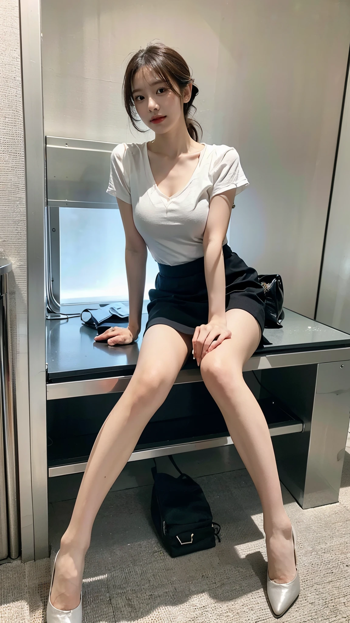 (8K、RAW photography、Highest quality、masterpiece:1.2)、(Realistic、Photorealistic:1.37)、Ultra-high resolution、One Girl、cute、solo, Browsing Caution,Highest quality,masterpiece,8K,Droopy eyes,Big Breasts,Beautiful breasts, office, Underwear model photoshoot, Sexy pose, Leg spread, A tight white shirt that shows off your chest, A tight black skirt that rolls up, White underwear, Highly detailed face, Highly detailed lips, Fine grain, double eyelid, Exquisite detail and subtle sparkle, Photograph her in poses that reflect both grace and confidence, Enhance visual effects with cinema lighting. Use modern 2D design for the background, Create beautiful, balanced compositions. Enhance the scene with elements such as depth of field, bloom effect, And a touch of sparkle, Add a dreamy texture to the overall image. Pay close attention to detail