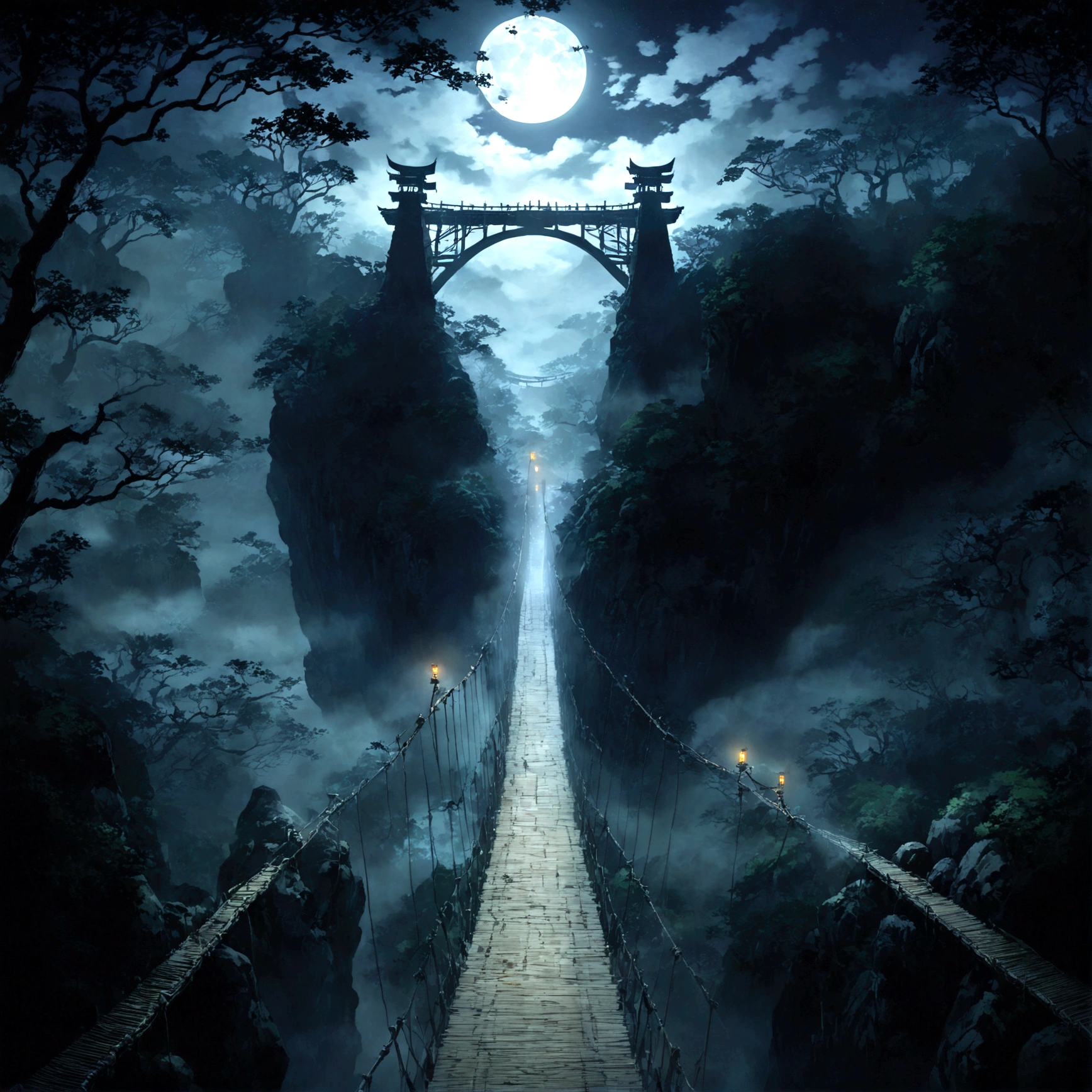 Beautiful game world, Fantasy, Furai no Shiren, Naraku Gorge, Dungeons, First Person View, night, fog, Silence, moonlight, Spooky Shadow, Dilapidated suspension bridge, Creaking Sound, darkness that lasts forever, A creepy laugh coming from inside