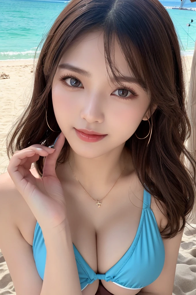(8K, RAW Photos, Highest quality, masterpiece:1.2), (Realistic, photo-Realistic), (Highly detailed 8K wallpaper)A carefully crafted face、Beautiful fingers、Beautiful Hands、、Skin Texture),alone、smile、(woman)、(Accentuate your cleavage)、whole body、idol carving、Long Hair、alone、Beautiful double eyelids、(Swimwear)、Beach、海Accentuate your cleavage、(woman)、(Sweat)、(Accentuate your cleavage)