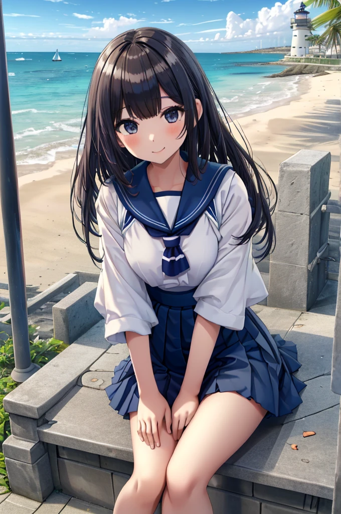 ((最high quality, 8K, masterpiece: 1.3, Ultra HD, high quality, 最high quality, High resolution, realism)) 、Very beautiful 18 year old Japanese schoolgirl、I'm wearing a sailor suit、Wearing a navy blue pleated skirt、Wear loafers、Hair  is light brown、black eye、Medium Hair、Straight hair、smile、sit on a high breakwater on the beach、The blue sky is beautiful、There is a road in front of the breakwater..、The sea is beautiful、Beautiful horizon、 An island is visible offshore、Entering the clouds above the horizon、Island Lighthouse