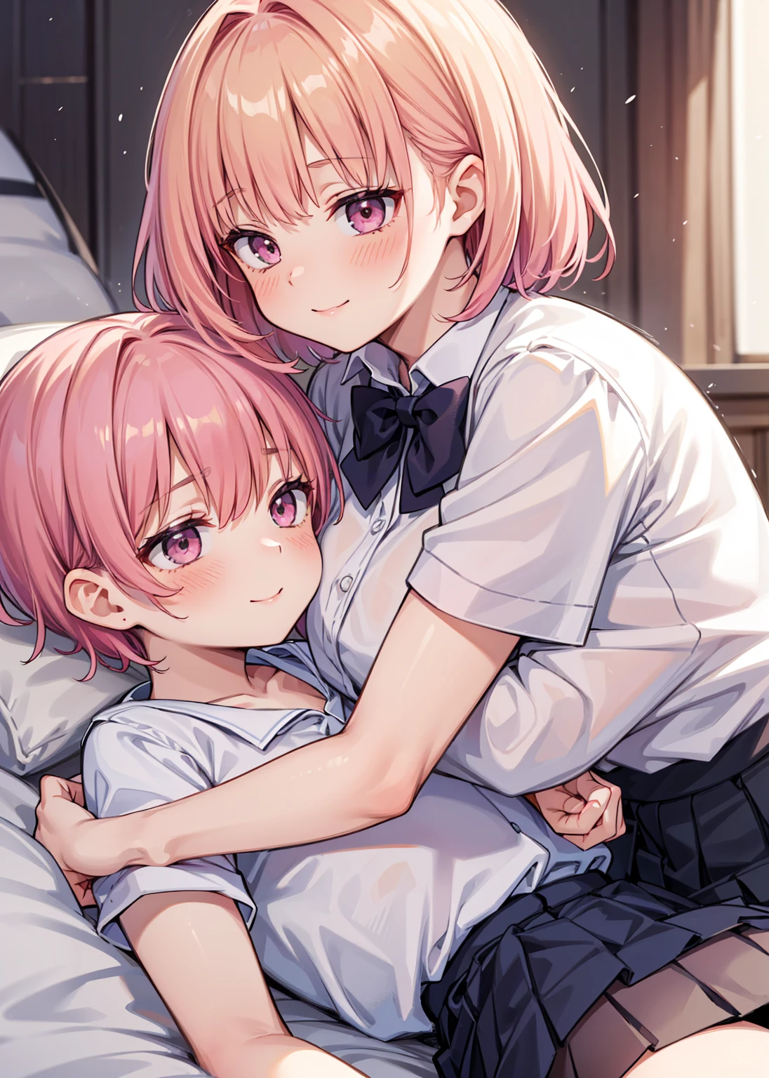 masterpiece, Highest quality, so beautiful, absurdes,High resolution,One girl, One boy,Cuddling in bed, like,sexly,Look at each one, blush,Age difference,bow tie,bionde,chest,Long Hair,Pink Hair,pleated skirt,Tucked in shirt,short hair,skirt,smile,Tent shirt,Slut