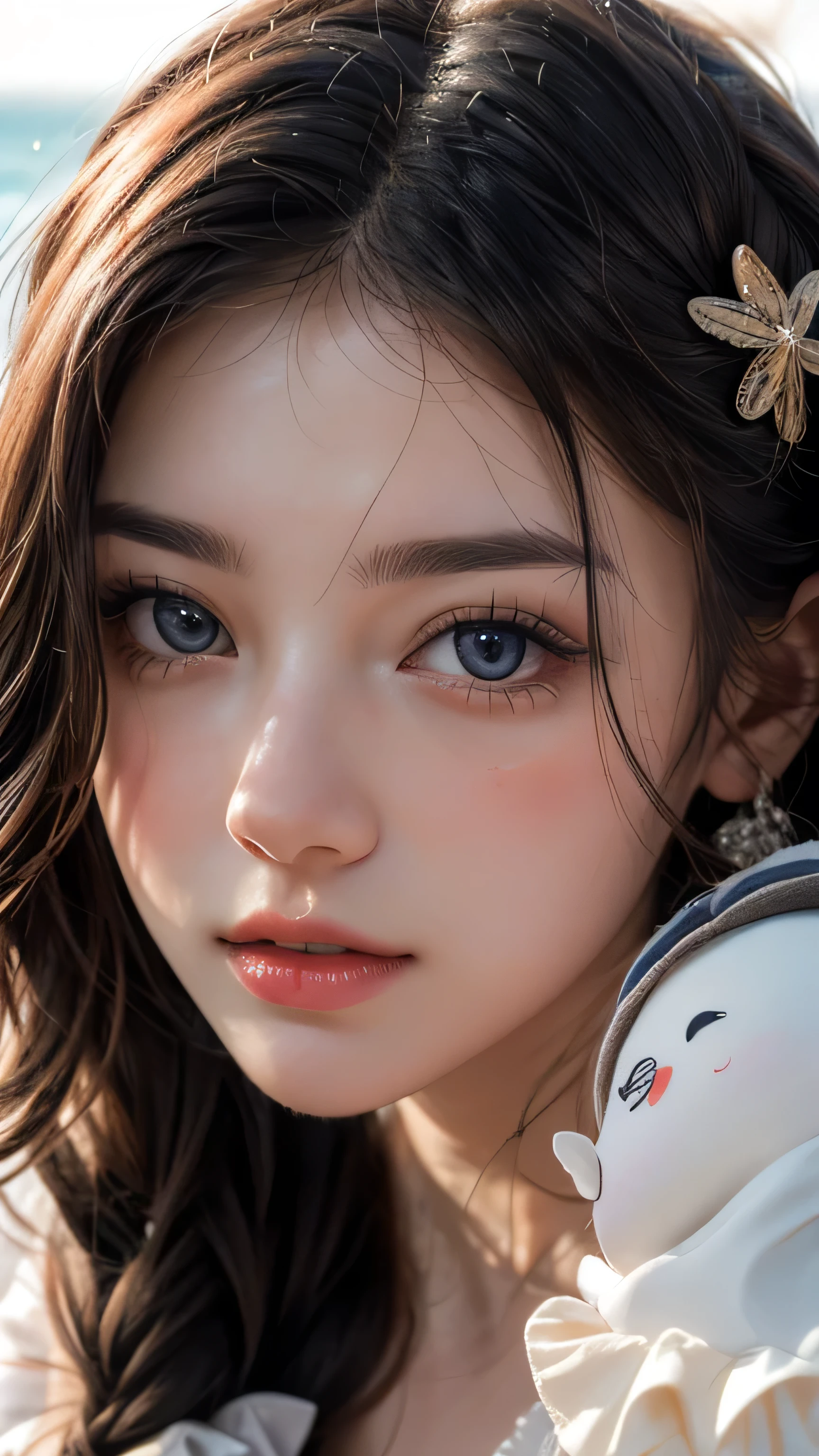 best quality, ultra hi res, photoreaslistic, a photography of a beautiful woman, 30yo teen age, detailed face, black Messy fishtail braid, (detailed porcelain doll,delicate clothes with a lot of frills and ribbons), Beach, (face close up), seductive look, looking at viewer
