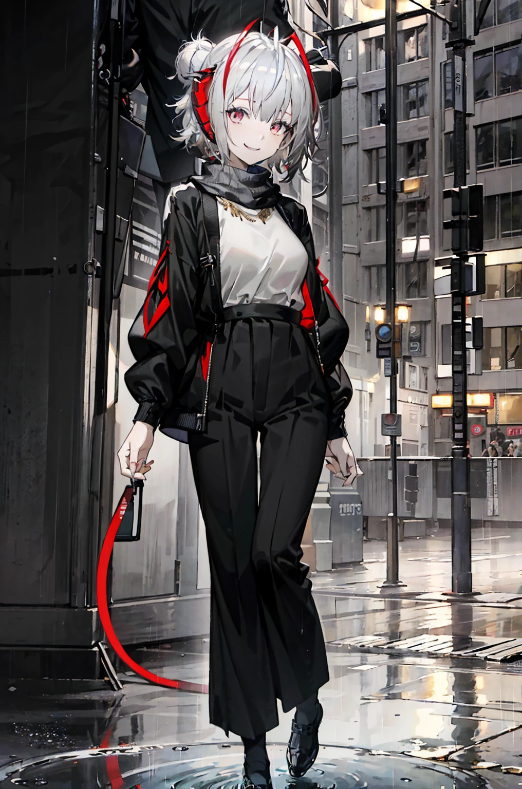 Beautiful masterpiece, weveningdress，best quality, Illustration style，smile， Anime Girl, beautiful eyes, summer, Wide leg pants, small, Heartwarming, Youthful and beautiful,,Regular Clothes，Black and white,, showing a natural casual style. Dynamic posture contains the golden ratio, Large aperture portrait, White space, Strong contrast between light and shadow, Super texture, Super clear and concise pictures, presenting extremely beautiful, Elegant temperament, subtle facial expressions, City background, rain, Road area water reflection，one person