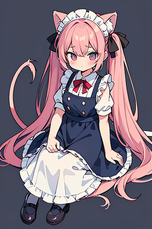 One adult woman,hair_Navy Blue,Twin tails,big tail,apron_red,Classic Maid_red,long,eye_pink,socks_white,pumps_black,clear,Elegant,red面