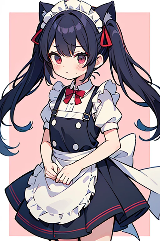 One adult woman,hair_Navy Blue,Twin tails,big tail,apron_red,Classic Maid_red,long,eye_pink,socks_white,pumps_black,clear,Elegant,red面