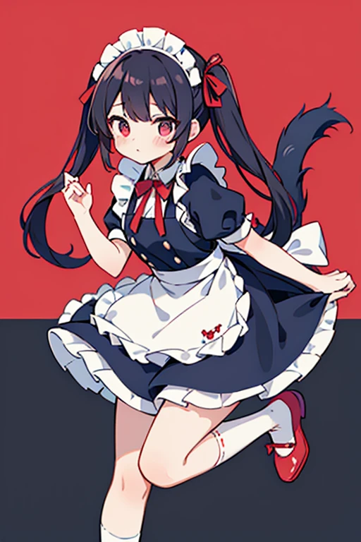 One adult woman,hair_Navy Blue,Twin tails,big tail,apron_red,Classic Maid_red,long,eye_pink,socks_white,pumps_black,clear,Elegant,red面