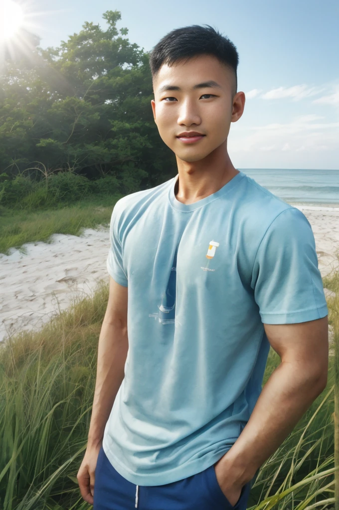 A handsome, muscular young Asian man looks at the camera. In a simple blue t-shirt , Fieldside, grass, beach, sunlight