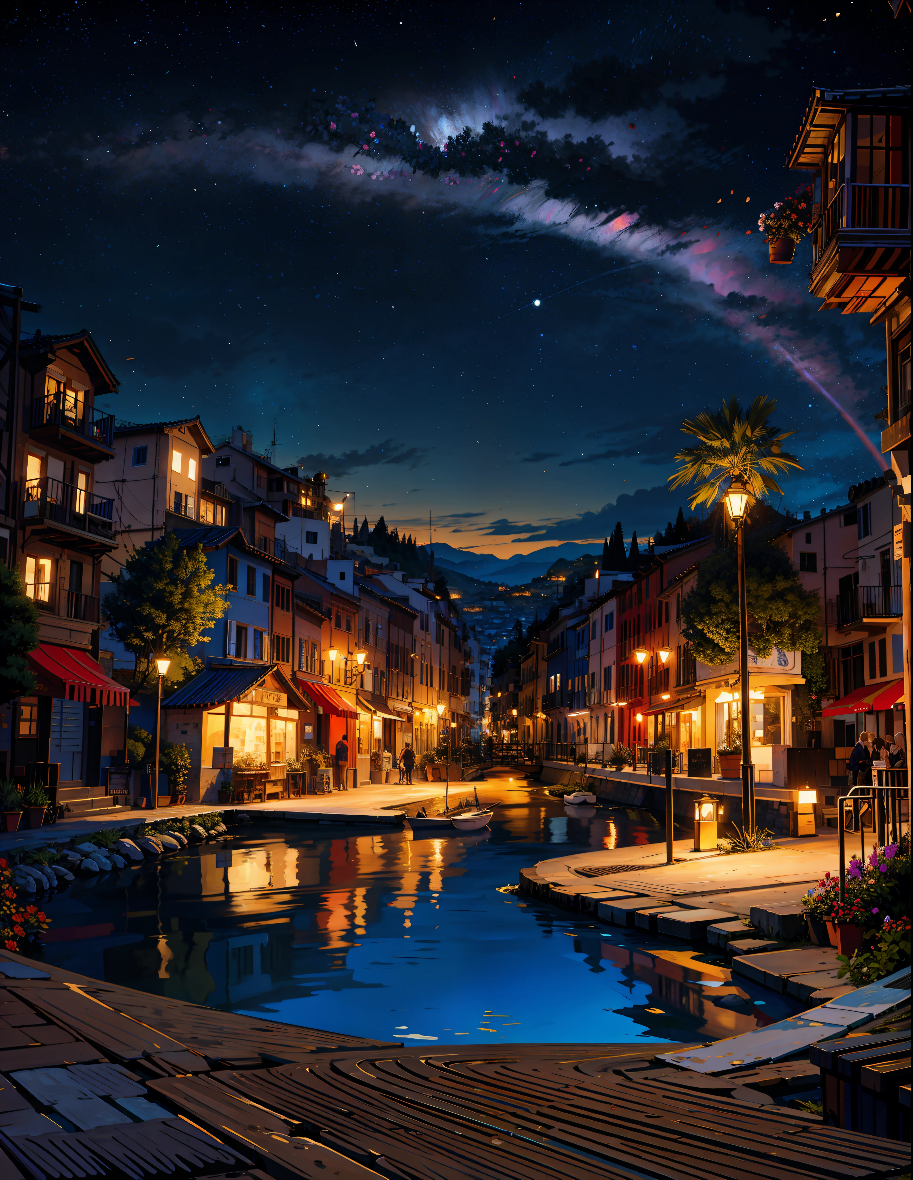 painting of a street with a flower shop ,effiel tower,flowers, beautiful art uhd 4 k, a beautiful artwork illustration, beautiful digital painting, highly detailed digital painting, beautiful digital artwork, a bustling magical town, mediterranean fisher village, mediterranean city, detailed painting 4 k, ancient mediterranean village, very detailed digital painting, rich picturesque colors, gorgeous digital painting