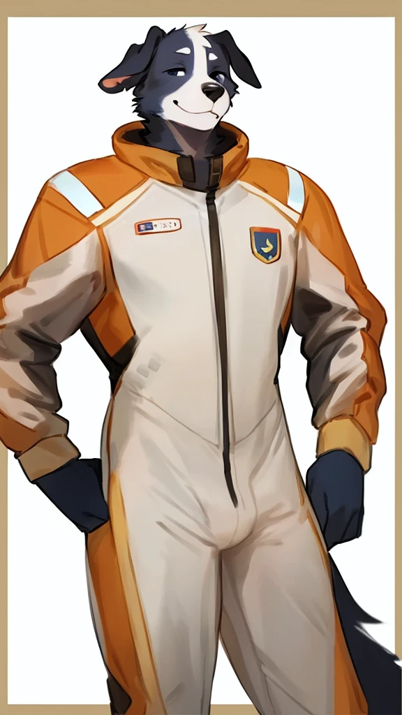 By bebebebebe, by lostgoose, by goonie-san, solo, ((snout, ears)), canine, (Border Collie), male, smirking, (slim, muscular), spacesuit