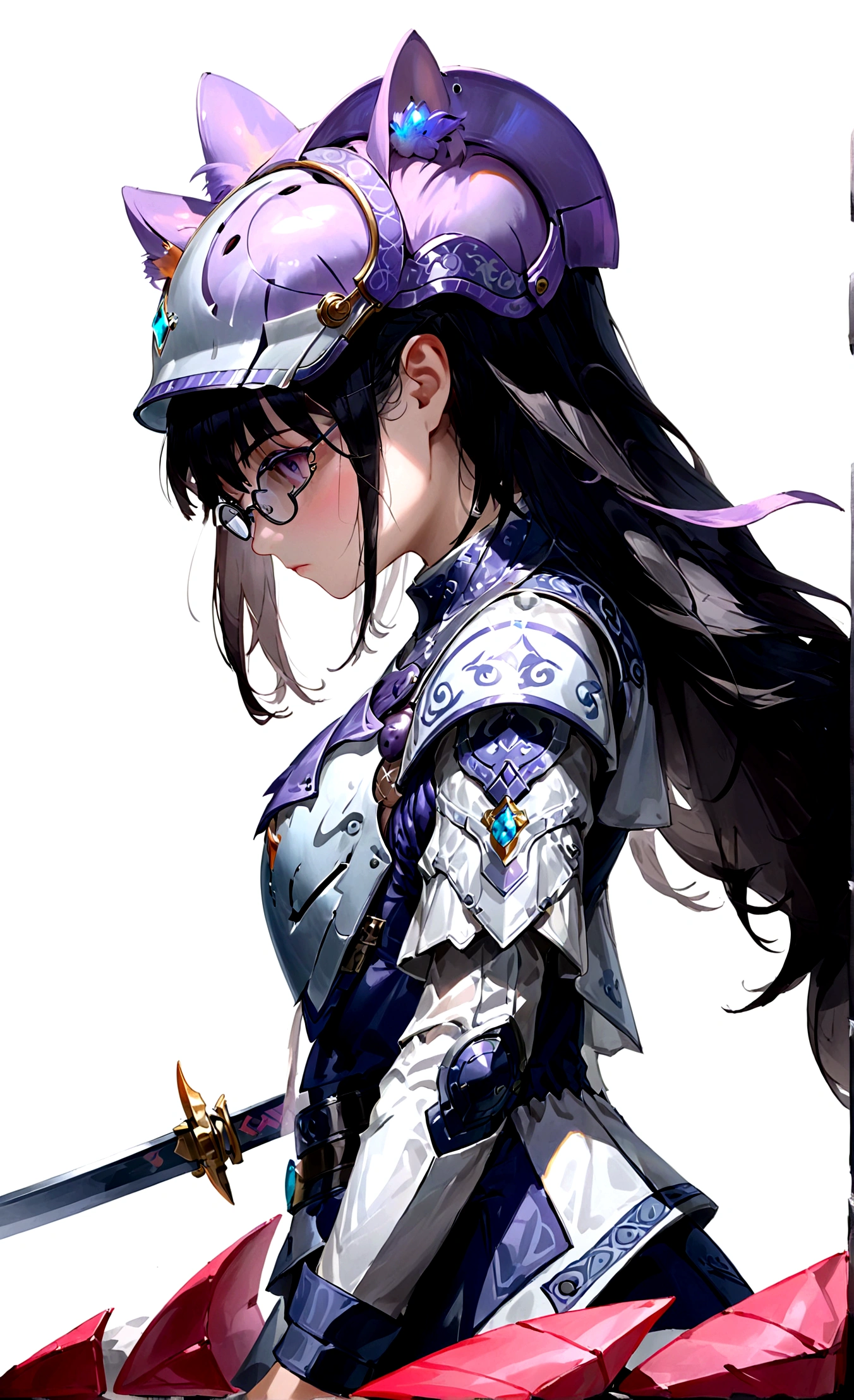 paladin girl, His long black hair sticks out from behind his helmet and the character&#39;s helmet has a rounded, conical shape., completely covering the head. On the front, The helmet features a visor with multiple horizontal slots that allow vision. Inside these slots, there are purple glasses protruding out of the helmet, adding a distinctive touch. These glasses do not allow your eyes to be seen, providing an enigmatic and mysterious look. At the top of the helmet, there is a purple bow that extends upwards, adding a striking and elegant touch. The helmet integrates perfectly with the rest of the armor, maintaining design consistency in terms of color and style.She is holding a sword with the tip of the blade against the ground and the handle facing up., showing an imposing and prepared posture.
