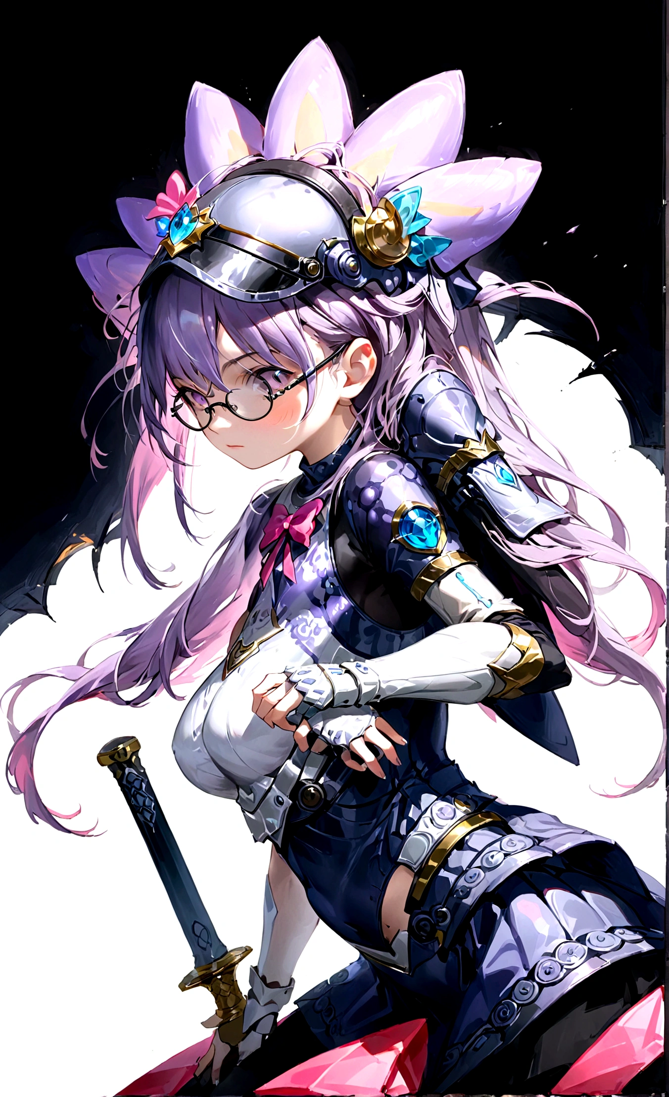 paladin girl, His long black hair sticks out from behind his helmet and the character&#39;s helmet has a rounded, conical shape., completely covering the head. On the front, The helmet features a visor with multiple horizontal slots that allow vision. Inside these slots, there are purple glasses protruding out of the helmet, adding a distinctive touch. These glasses do not allow your eyes to be seen, providing an enigmatic and mysterious look. At the top of the helmet, there is a purple bow that extends upwards, adding a striking and elegant touch. The helmet integrates perfectly with the rest of the armor, maintaining design consistency in terms of color and style.She is holding a sword with the tip of the blade against the ground and the handle facing up., showing an imposing and prepared posture.