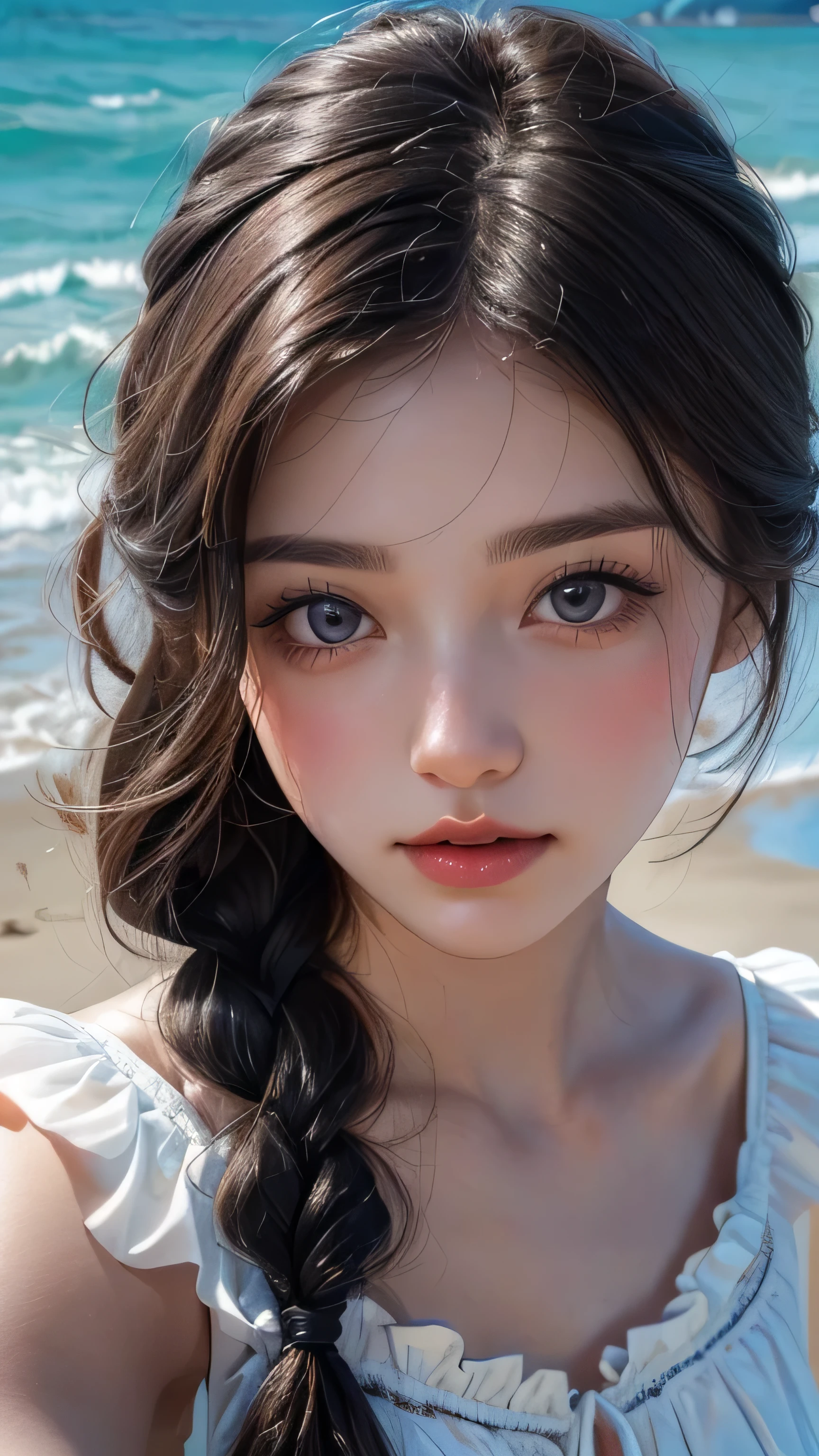 best quality, ultra hi res, photoreaslistic, a photography of a beautiful woman, 30yo teen age, detailed face, black Messy fishtail braid, (detailed porcelain doll,delicate clothes with a lot of frills and ribbons), Beach, (face close up), seductive look, looking at viewer