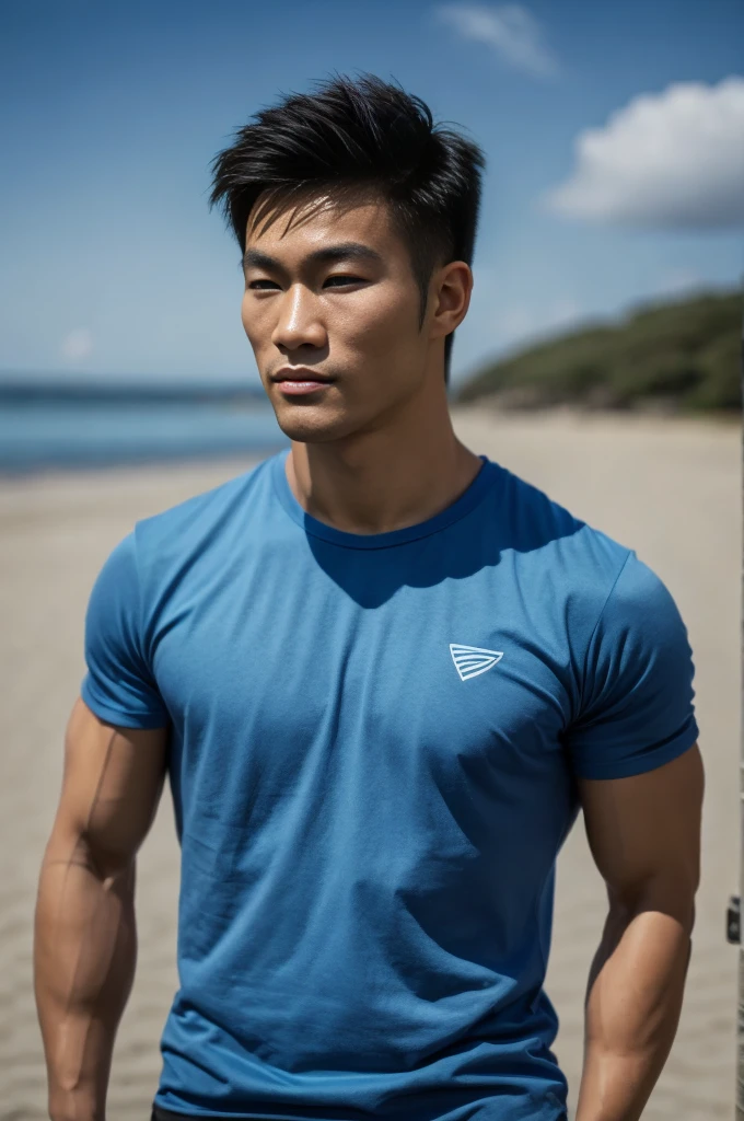 A handsome, muscular young Asian man looks at the camera. In a simple blue t-shirt , Fieldside, grass, beach, sunlight