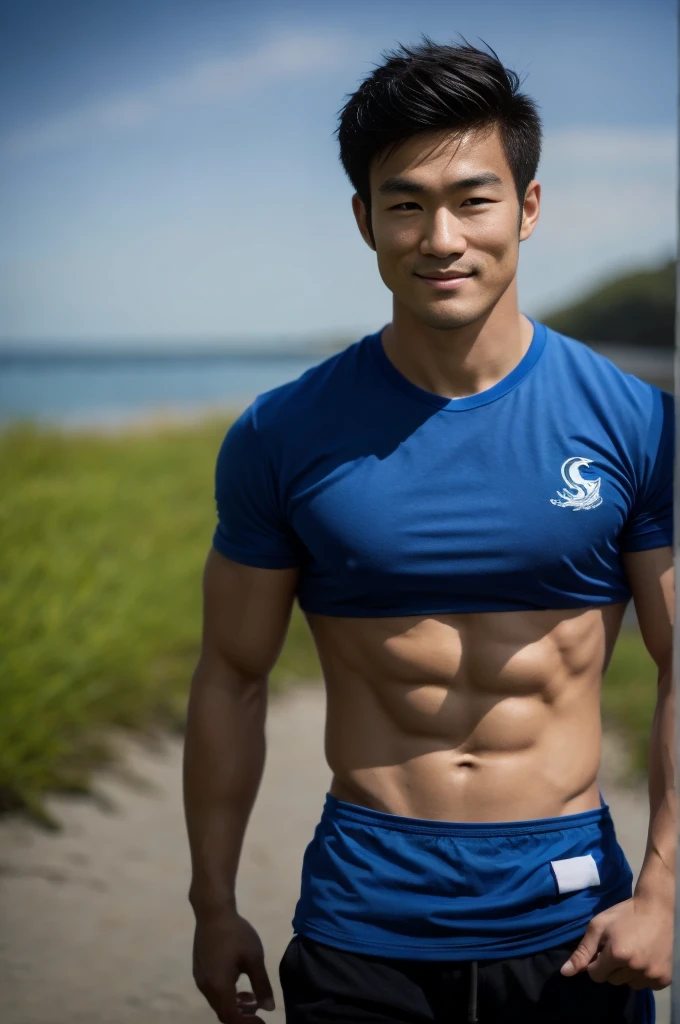 A handsome, muscular young Asian man looks at the camera. In a simple blue t-shirt , Fieldside, grass, beach, sunlight
