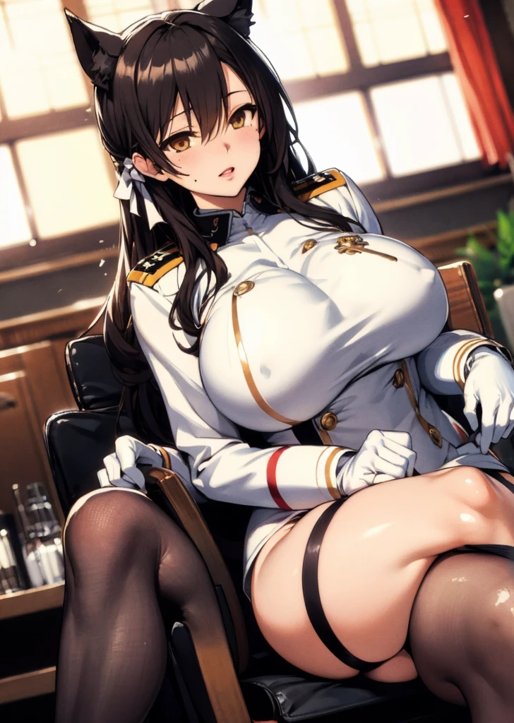 atago_\(azur_lane\),brown_eyes,long hair,animal ears,mole_under_eye,military_uniform, garter_straps, black legwear,white gloves,indoors, crossed legs,, masterpiece, best quality, huge breasts