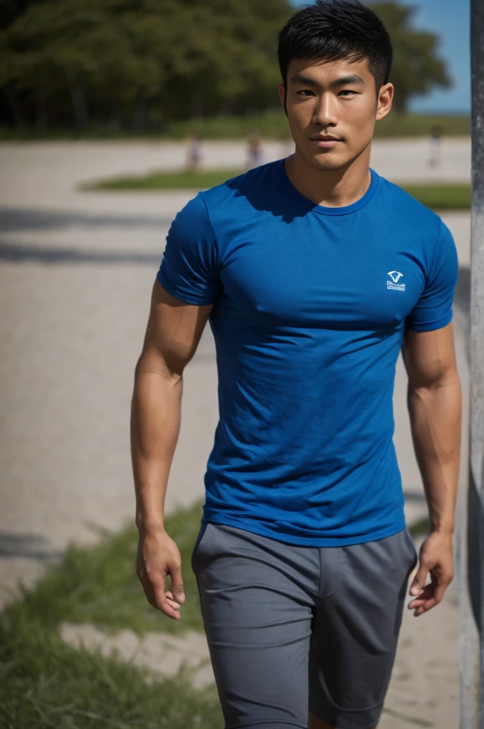 A handsome, muscular young Asian man looks at the camera. In a simple blue t-shirt , Fieldside, grass, beach, sunlight
