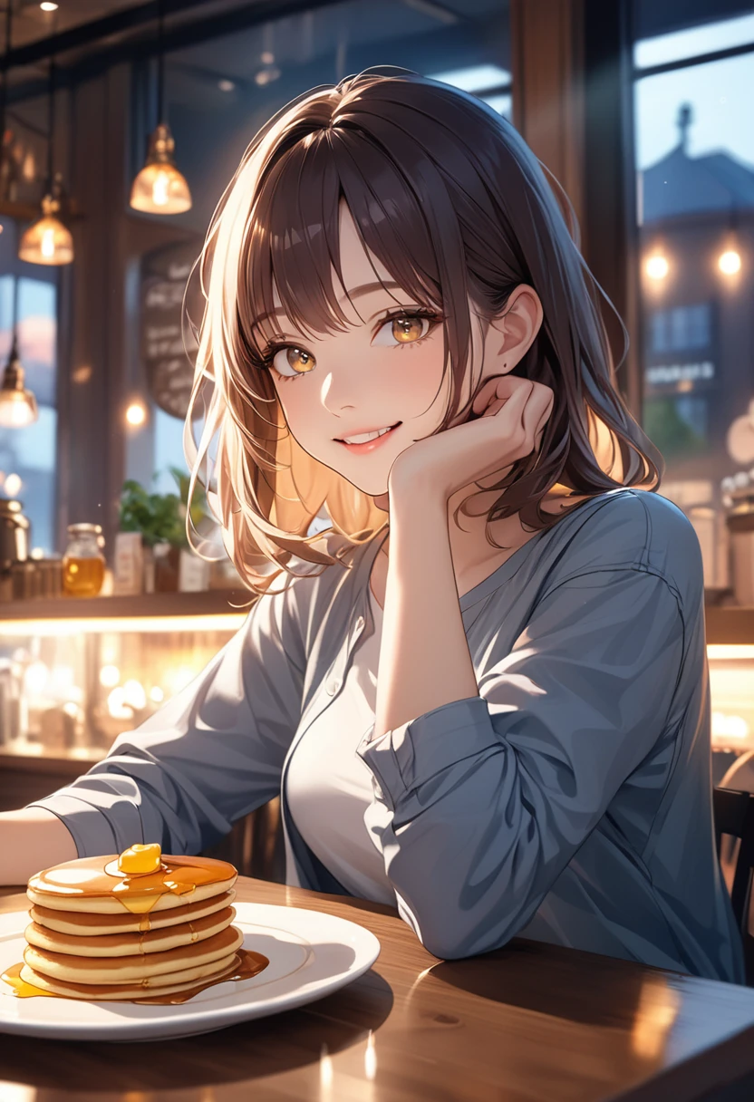 (masterpiece:1.5),(Beat quality),(high res),1girl solo,beautiful face,smile(shining eyes),upper body,light effects,Plainclothes woman,Hotcakes with honey on the table,Cafe