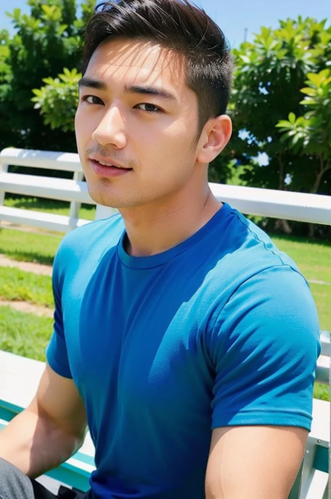 A handsome, muscular young Asian man looks at the camera. In a simple blue t-shirt , Fieldside, grass, beach, sunlight