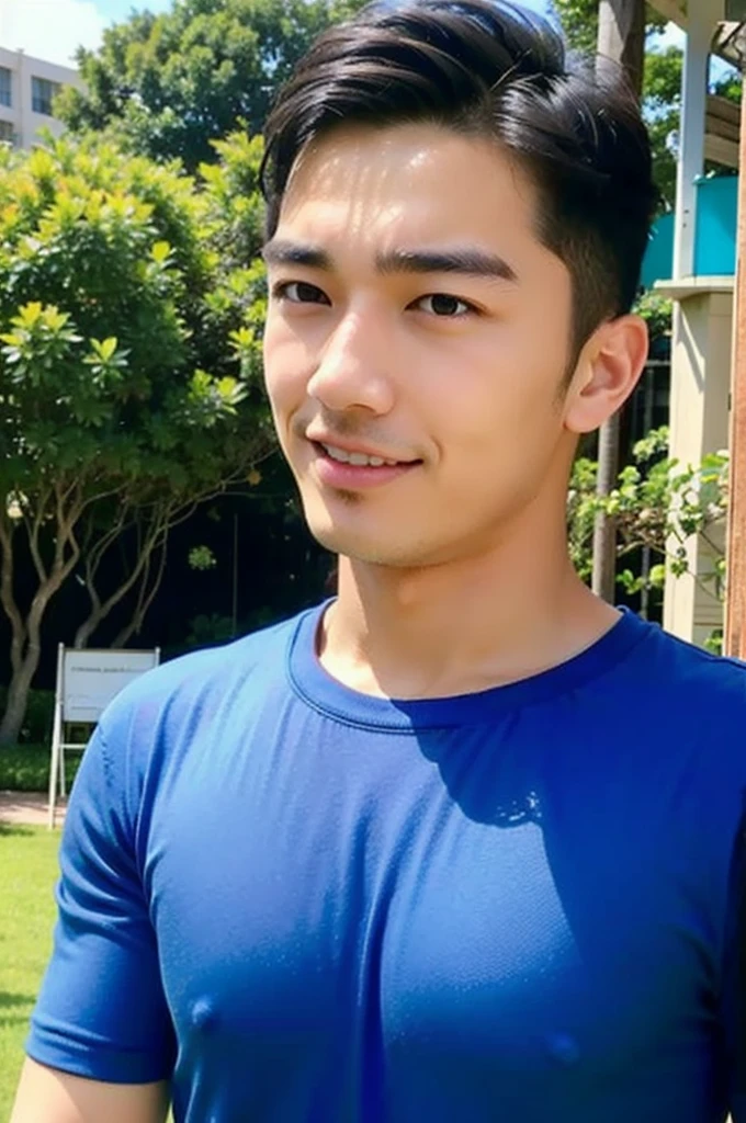 A handsome, muscular young Asian man looks at the camera. In a simple blue t-shirt , Fieldside, grass, beach, sunlight