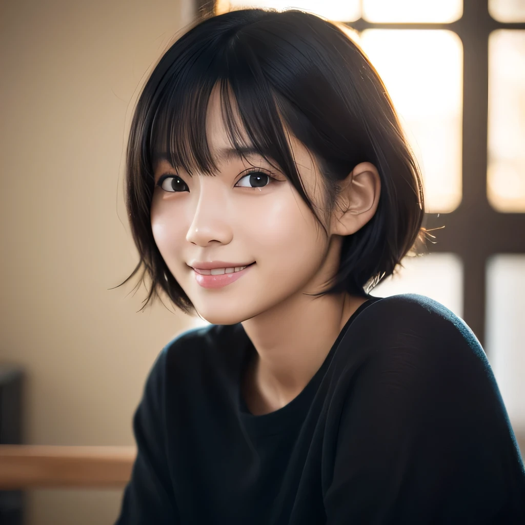 Portraiture, 8K, high quality, Realistic Photographic Images, 17 years old, Japanese women, Neat, small, Natural and realistic eyes, Beautiful black hair, short hair, light makeup, Octane Rendering, Beautiful lighting, Golden ratio composition, smile, Casual wear, Casual clothing, Natural background, Blurred Background
