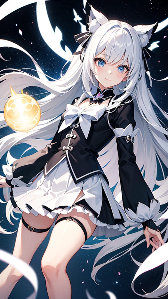 Magical girl black and white costume mini skirt No sleeve Long hair with silver hair Ribbon in hair smile Great style Directly facing universe space