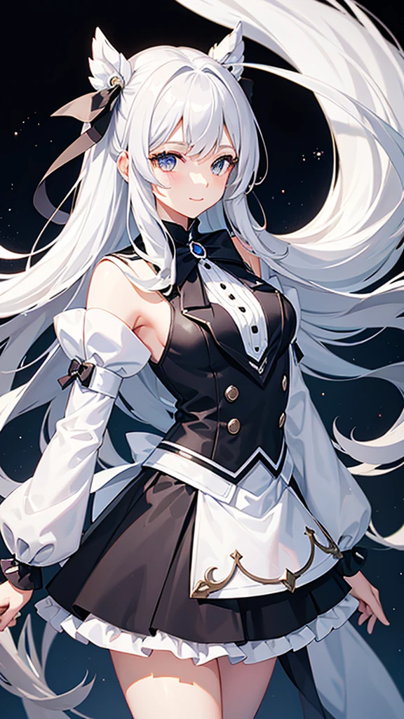 Magical girl black and white costume mini skirt No sleeve Long hair with silver hair Ribbon in hair smile Great style Directly facing universe space