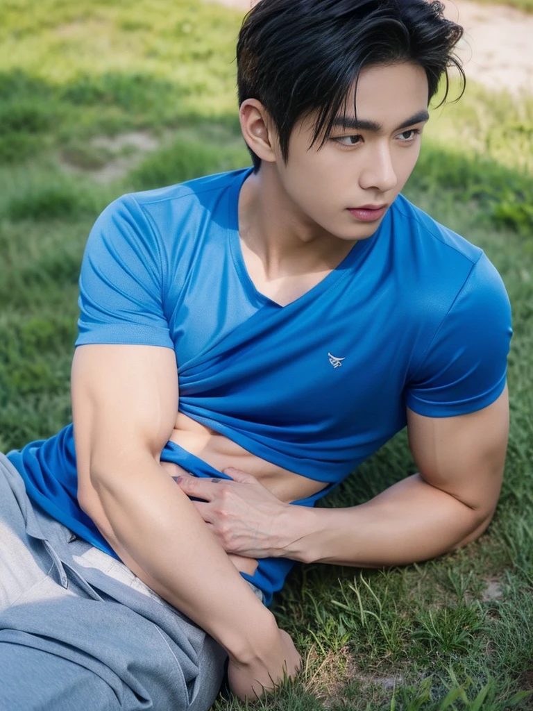 A handsome, muscular young Asian man looks at the camera. In a simple blue t-shirt , Fieldside, grass, beach, sunlight