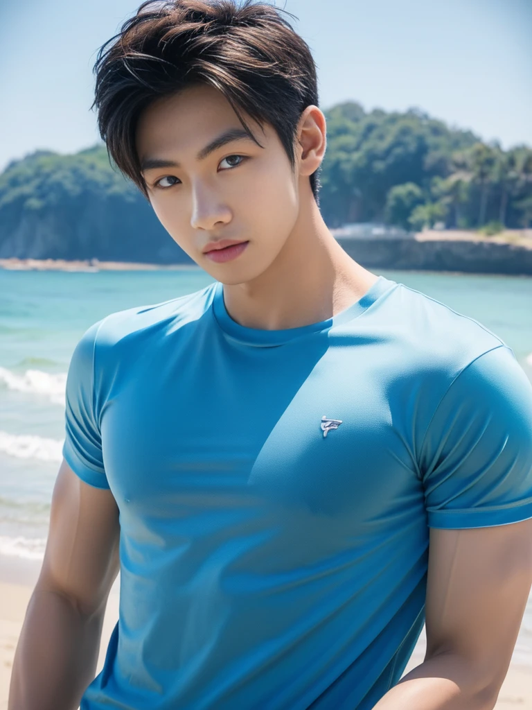 A handsome, muscular young Asian man looks at the camera. In a simple blue t-shirt , Fieldside, grass, beach, sunlight