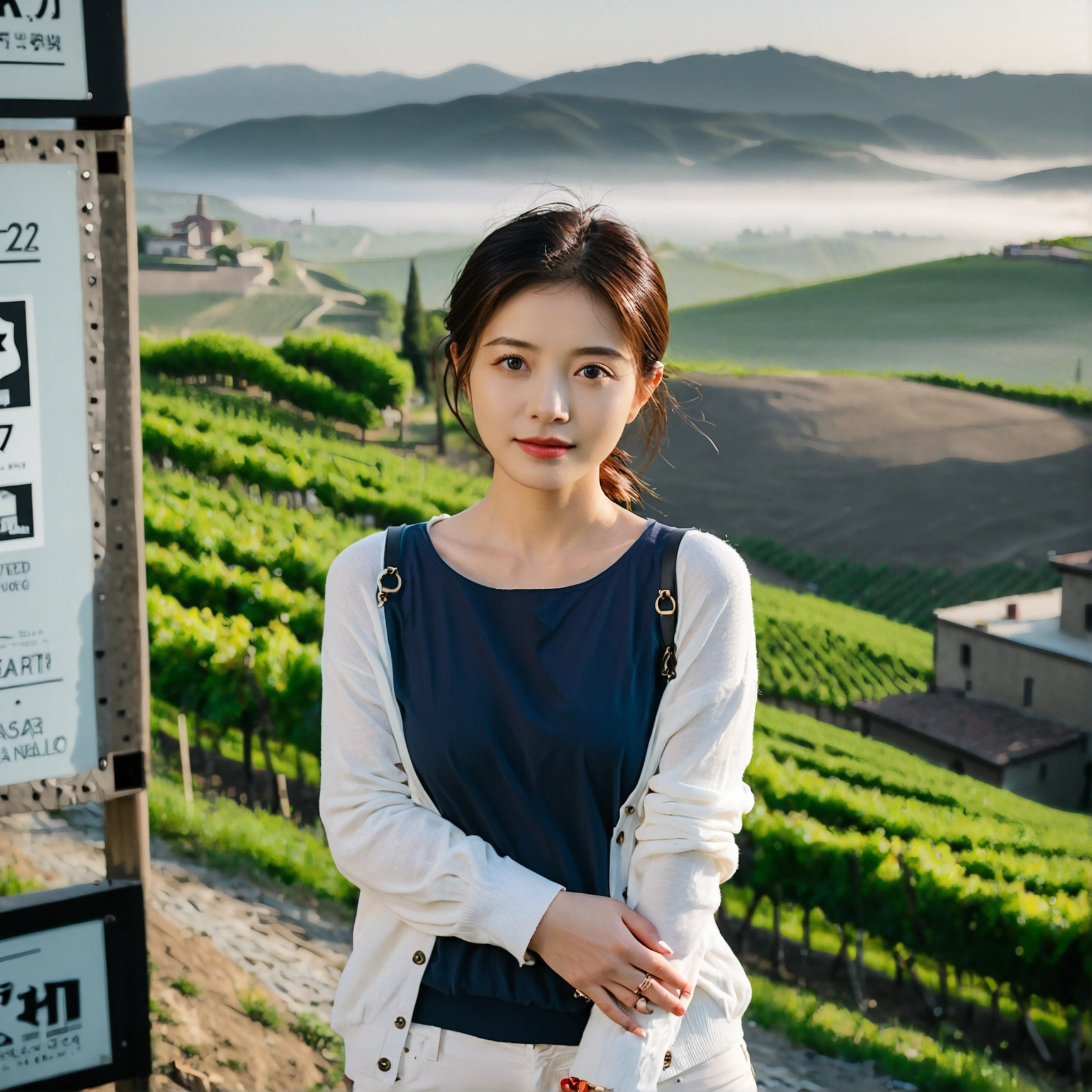 8k best picture quality, Beautiful 36-year-old Korean woman, You have good skin and big and pretty eyes... Chest size 34 inches, italian countryside, past the vineyard, The cathedral can be seen in the distance in the thick fog..., The background is realistic and vivid quality.., Short and medium hair blowing in the wind, I neatly wore a short cardigan over a knit that went up to my neck... white casual pants, smile. the background is clear, Short and slim Korean woman, stand far away, Photo taken with a wide-angle lens, A woman with big and pretty eyes, eyes are round and big, Taken while standing on a hill overlooking a vineyard, The red light before the morning sun rises is soft.