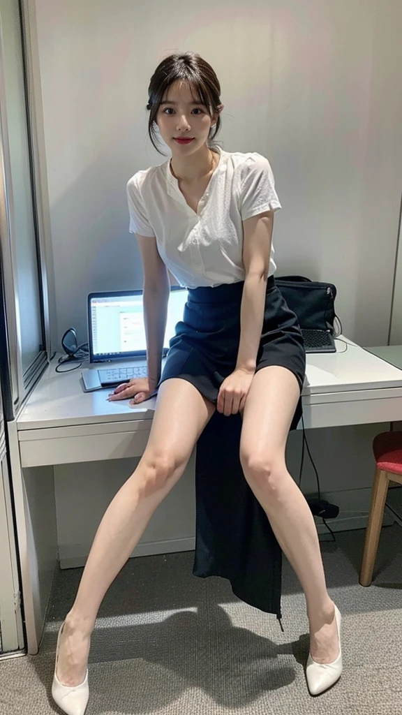 (8K、RAW photography、Highest quality、masterpiece:1.2)、(Realistic、Photorealistic:1.37)、Ultra-high resolution、One Girl、cute、solo, Browsing Caution，Highest quality，masterpiece，8K，Droopy eyes，Big Breasts，Beautiful breasts, office, Underwear model photoshoot, Sexy pose, Leg spread, A tight white shirt that shows off your chest, A tight black skirt that rolls up, White underwear, Highly detailed face, Highly detailed lips, Fine grain, double eyelid, Exquisite detail and subtle sparkle, Photograph her in poses that reflect both grace and confidence, Enhance visual effects with cinema lighting. Use modern 2D design for the background, Create beautiful, balanced compositions. Enhance the scene with elements such as depth of field, bloom effect, And a touch of sparkle, Add a dreamy texture to the overall image. Pay close attention to detail