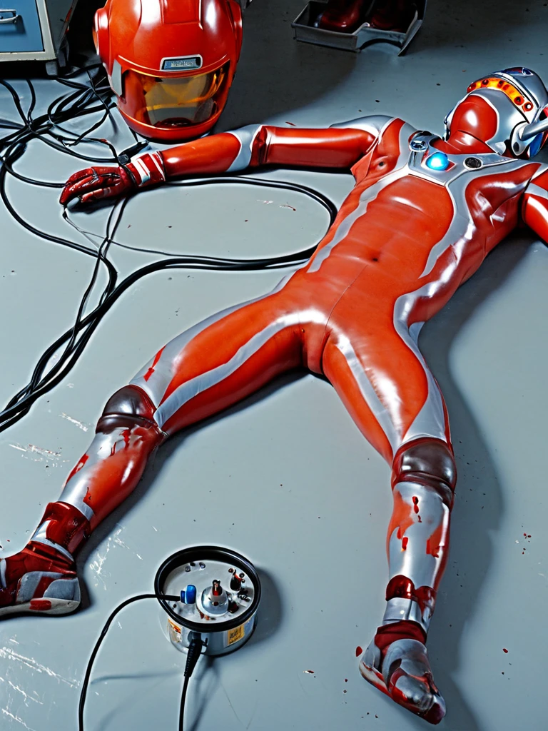 Aerial view, Ultraman Taro lying dead on his back , photo realistic, 35mm films, ultras, 4k, gay, bara, NSFW, Ultraman Taro, Aerial view, A huge metal platform in a huge hangar, A huge Ultraman Taro lying there in cardiac arrest, Tiny human scientists have cut off his red rubber costume, leaving only his lower body naked, Tall and thin, with a long and thin neck and limbs, Pale skin, Hairy, Small penis, Tubes attached to his penis, Tubes stuck in a cracked Color Timer, Dull grey eyes, The beam lamp on his forehead is also grey, His helmet is full of cracks, Blood is flowing from his open mouth, His head is tilted helplessly, His arms and legs are broken, Many tiny scientists are sticking many cables into him and connecting him to machines,