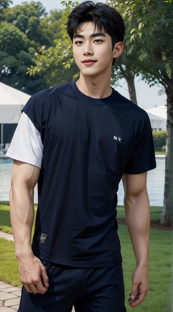 (As a matter of fact, Masterpiece, 8k HD, good light quality, sportswear, fit the face, complicated details), A handsome and muscular young Korean man., He has short, muscular hair in a buzzcut style. ,(Broad shoulders:1.3), 20 years old, be happy, smile brightly, detailed face, delicate eyes, มองดูsky, (Wear a navy tight T-shirt.:1.6), period, black eyes, Black hair color, ผมsmooth, smooth, outdoor sports, Along the garden, Sunny,sky,Surreal,Awesome details,Highest quality,real,(As a matter of fact, Masterpiece, 8k HD, good light quality, sportswear, fit the face, complicated details), A handsome and muscular young Korean man. มีกล้าม ,(Broad shoulders:1.3), 20 years old, be happy, smile brightly, detailed face, delicate eyes, มองดูsky, (Wear a navy tight T-shirt.:1.6), period, black eyes, Black hair color, ผมsmooth, smooth, outdoor sports, Along the garden, Sunny,sky,Surreal,Awesome details,Highest quality,real