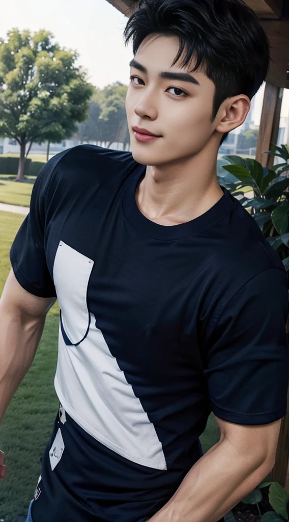 (As a matter of fact, Masterpiece, 8k HD, good light quality, sportswear, fit the face, complicated details), A handsome and muscular young Korean man., He has short, muscular hair in a buzzcut style.  ,(Broad shoulders:1.3), 20 years old, be happy, smile brightly, detailed face, delicate eyes, มองดูsky, (Wear a navy tight T-shirt.:1.6), period, black eyes, Black hair color, ผมsmooth, smooth, outdoor sports, Along the garden, Sunny,sky，Surreal，Awesome details，Highest quality，real，(As a matter of fact, Masterpiece, 8k HD, good light quality, sportswear, fit the face, complicated details), A handsome and muscular young Korean man. มีกล้าม ,(Broad shoulders:1.3), 20 years old, be happy, smile brightly, detailed face, delicate eyes, มองดูsky, (Wear a navy tight T-shirt.:1.6), period, black eyes, Black hair color, ผมsmooth, smooth, outdoor sports, Along the garden, Sunny,sky，Surreal，Awesome details，Highest quality，real