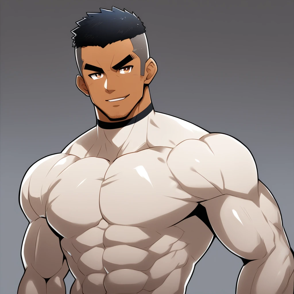 anime characters：Gyee, Muscle Sports Student, negro black skin, 1 dark skin muscular tough guy, Manliness, male focus, Brown long-sleeved high-neck fitness tights, Very tight, Round, full and perky chest muscles, Perfect waist line, Slightly transparent, muscular male, muscular, only, Upper body, alone, Black short hair, Thick eyebrows, stubble, Brown eyes, Grey background, simple background, amazing quality, best aesthetics, Ridiculous, bright pupils, crew cut, parted lips, seductive smile, torogao, naughty face, best quality