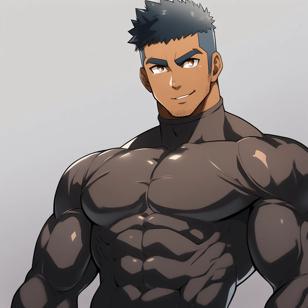 anime characters:Gyee, Muscle Sports Student, negro black skin, 1 dark skin muscular tough guy, Manliness, male focus, Brown long-sleeved high-neck fitness tights, Very tight, Round, full and perky chest muscles, Perfect waist line, Slightly transparent, muscular male, muscular, only, Upper body, alone, Black short hair, Thick eyebrows, stubble, Brown eyes, Grey background, simple background, amazing quality, best aesthetics, Ridiculous, bright pupils, crew cut, parted lips, seductive smile, torogao, naughty face, best quality