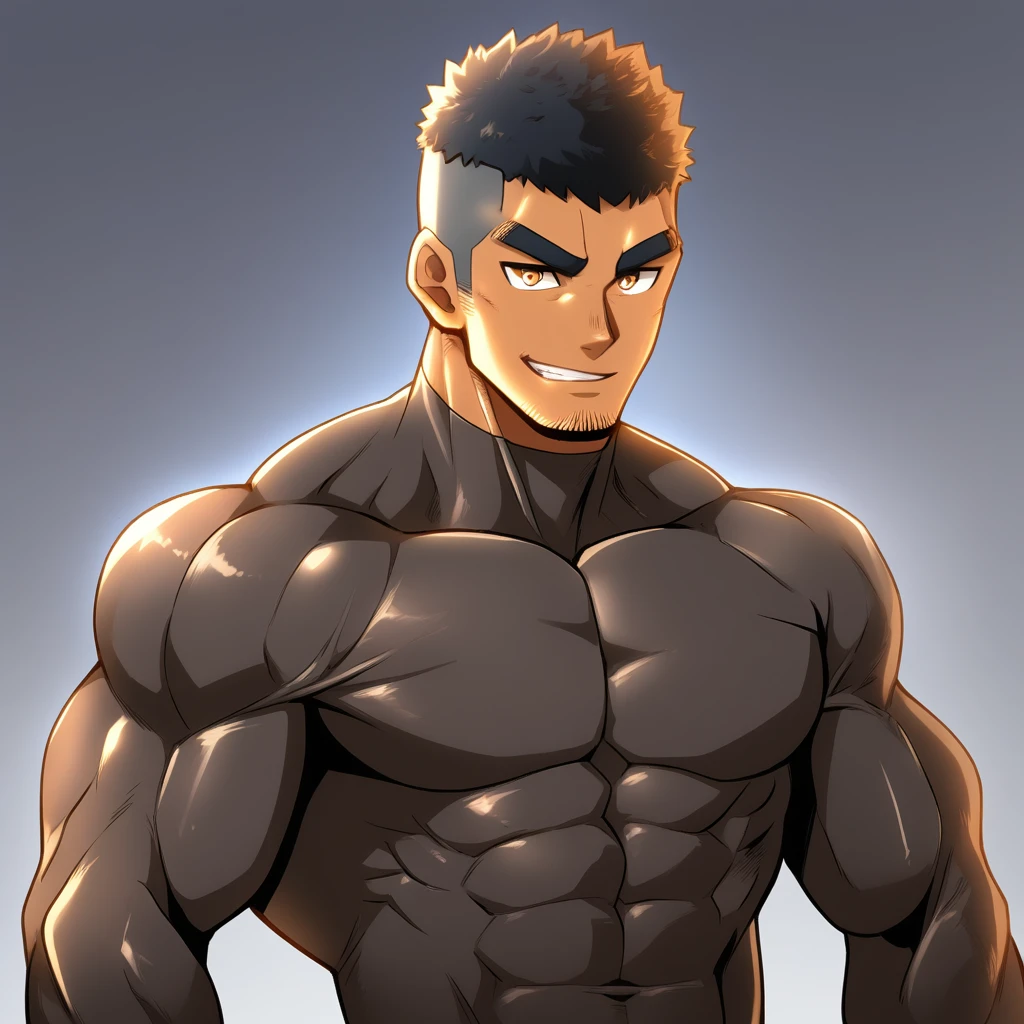 anime characters:Gyee, Muscle Sports Student, negro black skin, 1 dark skin muscular tough guy, Manliness, male focus, Brown long-sleeved high-neck fitness tights, Very tight, Round, full and perky chest muscles, Perfect waist line, Slightly transparent, muscular male, muscular, only, Upper body, alone, Black short hair, Thick eyebrows, stubble, Brown eyes, Grey background, simple background, amazing quality, best aesthetics, Ridiculous, bright pupils, crew cut, parted lips, seductive smile, torogao, naughty face, best quality