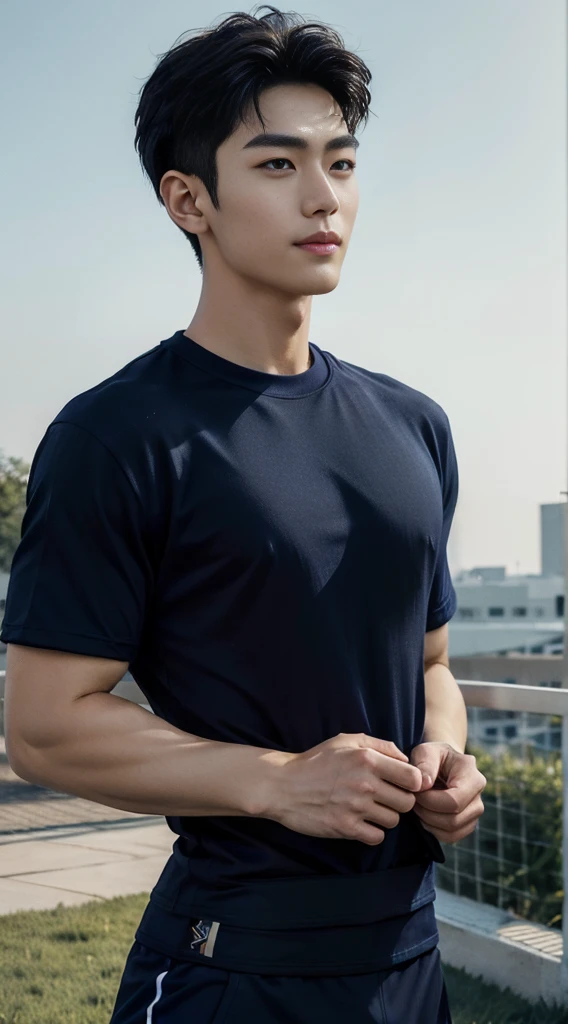 (As a matter of fact, Masterpiece, 8k HD, good light quality, sportswear, fit the face, complicated details), A handsome and muscular young Korean man., He has short, muscular hair in a buzzcut style. ,(Broad shoulders:1.3), 20 years old, be happy, smile brightly, detailed face, delicate eyes, มองดูsky, (Wear a navy tight T-shirt.:1.6), period, black eyes, Black hair color, ผมsmooth, smooth, outdoor sports, Along the garden, Sunny,sky,Surreal,Awesome details,Highest quality,real,(As a matter of fact, Masterpiece, 8k HD, good light quality, sportswear, fit the face, complicated details), A handsome and muscular young Korean man. มีกล้าม ,(Broad shoulders:1.3), 20 years old, be happy, smile brightly, detailed face, delicate eyes, มองดูsky, (Wear a navy tight T-shirt.:1.6), period, black eyes, Black hair color, ผมsmooth, smooth, outdoor sports, Along the garden, Sunny,sky,Surreal,Awesome details,Highest quality,real