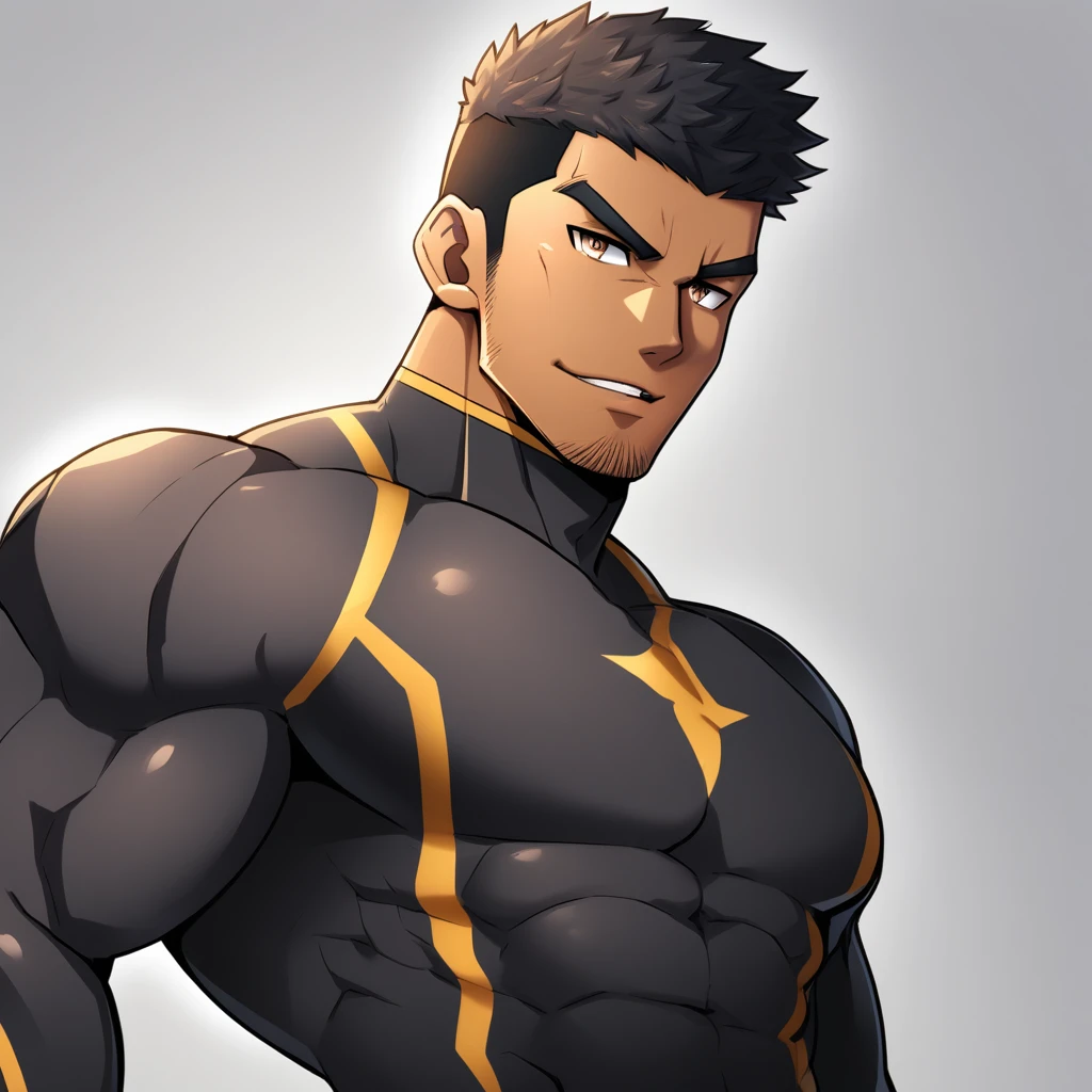 anime characters：Gyee, Muscle Sports Student, negro black skin, 1 dark skin muscular tough guy, Manliness, male focus, Brown long-sleeved high-neck fitness tights, Very tight, Round, full and perky chest muscles, Perfect waist line, Slightly transparent, muscular male, muscular, only, Upper body, alone, Black short hair, Thick eyebrows, stubble, Brown eyes, Grey background, simple background, amazing quality, best aesthetics, Ridiculous, bright pupils, crew cut, parted lips, seductive smile, torogao, naughty face, best quality