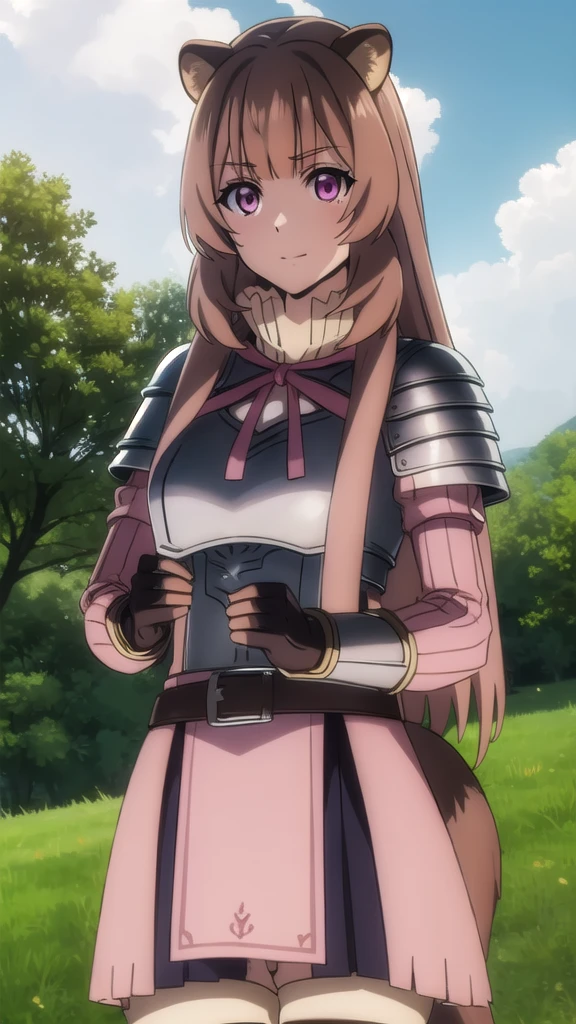 raphtalia, raphtalia, long hair, bangs, brown hair, animal ears, raccoon ears, raccoon tail, raccoon girl, (pink eyes:1.3), smile
BREAK long sleeves, sweater, ribbed sweater, shoulder armor, breastplate, ribbon, red ribbon, gauntlets, glove, brown gloves, belt, skirt, armor,
BREAK outdoors, forest, nature, sun, sky, trees, clouds, grass,
BREAK looking at viewer, (cowboy shot:1.5),
BREAK (masterpiece:1.2), best quality, high resolution, unity 8k wallpaper, (illustration:0.8), (beautiful detailed eyes:1.6), extremely detailed face, perfect lighting, extremely detailed CG, (perfect hands, perfect anatomy),