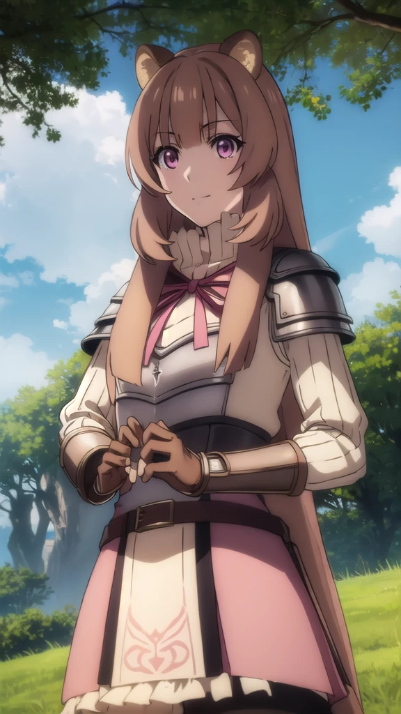 raphtalia, raphtalia, long hair, bangs, brown hair, animal ears, raccoon ears, raccoon tail, raccoon girl, (pink eyes:1.3), smile
BREAK long sleeves, sweater, ribbed sweater, shoulder armor, breastplate, ribbon, red ribbon, gauntlets, glove, brown gloves, belt, skirt, armor,
BREAK outdoors, forest, nature, sun, sky, trees, clouds, grass,
BREAK looking at viewer, (cowboy shot:1.5),
BREAK (masterpiece:1.2), best quality, high resolution, unity 8k wallpaper, (illustration:0.8), (beautiful detailed eyes:1.6), extremely detailed face, perfect lighting, extremely detailed CG, (perfect hands, perfect anatomy),