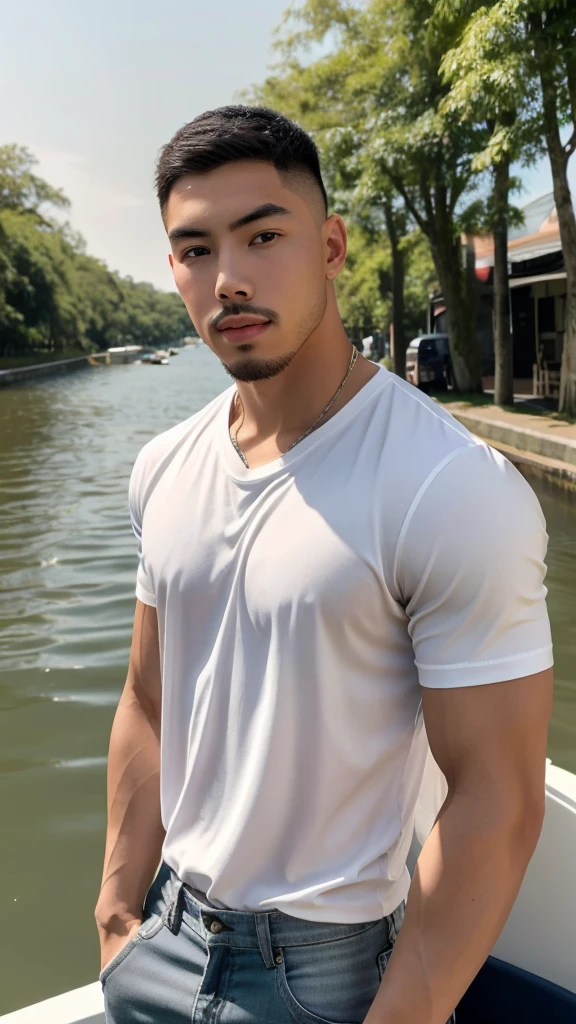 Tony Labrusca, young asian man Looking at the camera in a thin white shirt. , Along the canal, sunlight, looking at the boat