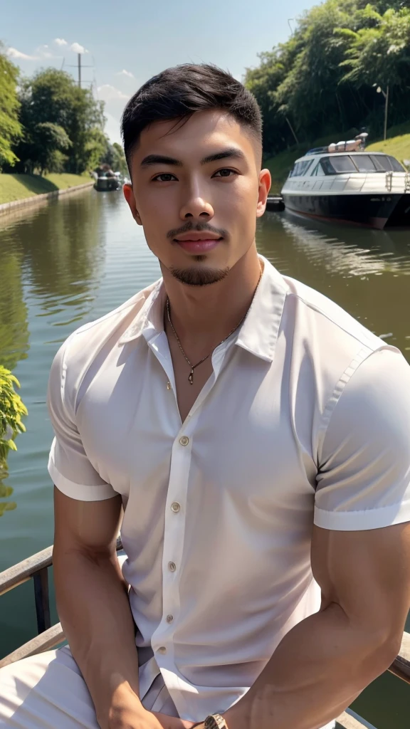 Tony Labrusca, young asian man Looking at the camera in a thin white shirt. , Along the canal, sunlight, looking at the boat