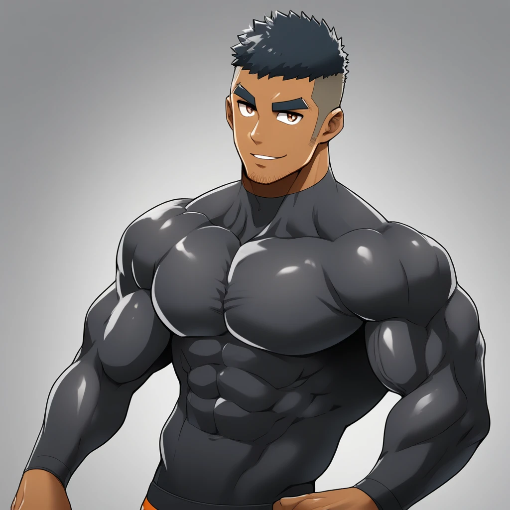 anime characters:Gyee, Muscle Sports Student, negro black skin, 1 dark skin muscular tough guy, Manliness, male focus, Brown long-sleeved high-neck fitness tights, Very tight, Round, full and perky chest muscles, Perfect waist line, Slightly transparent, muscular male, muscular, only, Upper body, alone, Black short hair, Thick eyebrows, stubble, Brown eyes, Grey background, simple background, amazing quality, best aesthetics, Ridiculous, bright pupils, crew cut, parted lips, seductive smile, torogao, naughty face, best quality