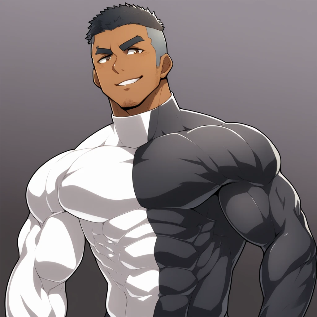 anime characters：Gyee, Muscle Sports Student, negro black skin, 1 dark skin muscular tough guy, Manliness, male focus, Brown long-sleeved high-neck fitness tights, Very tight, Round, full and perky chest muscles, Perfect waist line, Slightly transparent, muscular male, muscular, only, Upper body, alone, Black short hair, Thick eyebrows, stubble, Brown eyes, Grey background, simple background, amazing quality, best aesthetics, Ridiculous, bright pupils, crew cut, parted lips, seductive smile, torogao, naughty face, best quality