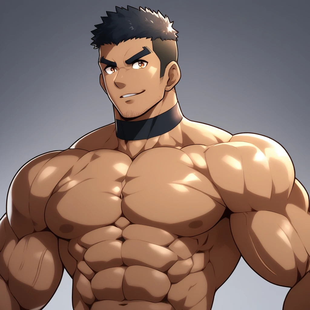 anime characters:Gyee, Muscle Sports Student, negro black skin, 1 dark skin muscular tough guy, Manliness, male focus, Brown long-sleeved high-neck fitness tights, Very tight, Round, full and perky chest muscles, Perfect waist line, Slightly transparent, muscular male, muscular, only, Upper body, alone, Black short hair, Thick eyebrows, stubble, Brown eyes, Grey background, simple background, amazing quality, best aesthetics, Ridiculous, bright pupils, crew cut, parted lips, seductive smile, torogao, naughty face, best quality