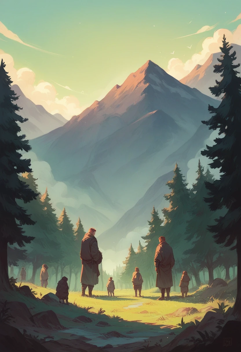 Night time and 7 people are standing in the Forest which have mountain also and looking dangerous and creepy